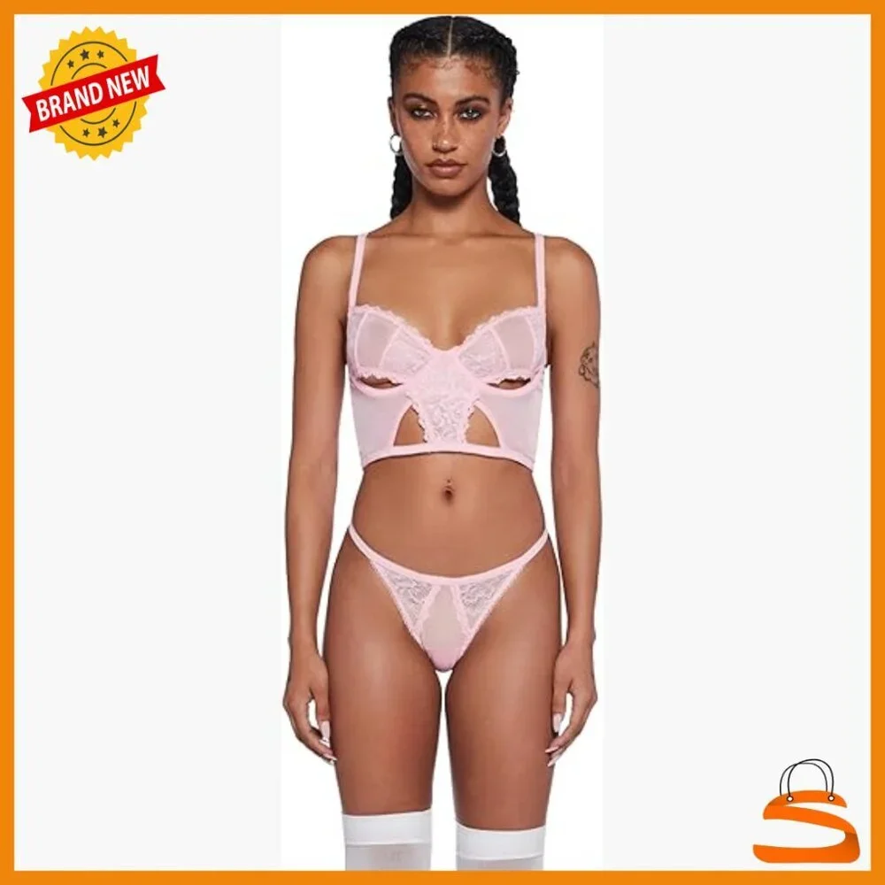 Lace Mesh Cut-Out Lingerie Set, Underwire Bra Thong, Medium